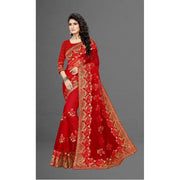 Generic Women's Net Saree With Blouse (Red, 5-6Mtrs)