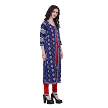 Generic Women's Cotton Printed Long Kurti (Blue, Red, Cotton)