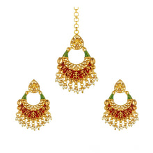 Generic Women's Rose Gold Plated Alloy Kundan Earrings &amp; Mangtikka (Red &amp; Green)