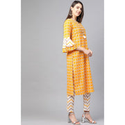 Generic Women's Casual 3/4 th Sleeve Floral Printed Cotton Kurti Set (Mustard)