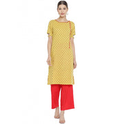 Generic Women's Casual Short Sleeves Floral Printed Cotton &amp; Rayon Kurti Palazzo Set (Yellow &amp; Red)