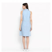 Generic Women's Denim Solid Sleeveless Below Knee Dress (Blue)