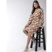 Generic Women's Polyester Checkered Long Sleeves Above Knee Dress (Off White - Brown)