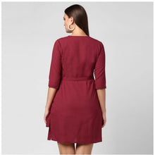 Generic Women's Cotton Solid 3-4th Sleeves Above Knee Dress (Maroon)