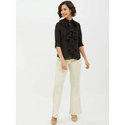 Generic Women's Polyester Ruffled Long Sleeves Standard Length Shirt (Black)