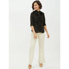 Generic Women's Polyester Ruffled Long Sleeves Standard Length Shirt (Black)