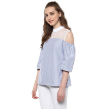 Generic Women's Cotton Striped Cold Shoulder Top (Blue)