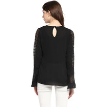 Generic Women's Polyester Georgette Self Design Bell Sleeve Regular Top (Black)