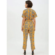 Generic Women's Polyester Printed Half Sleeve Long Jumpsuit (Yellow)