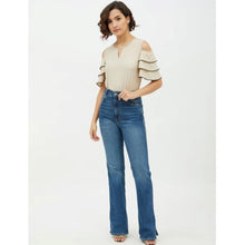 Generic Women's Polyester Tiered Cold Shoulder Top (Beige)