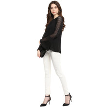 Generic Women's Polyester Georgette Self Design Bell Sleeve Regular Top (Black)