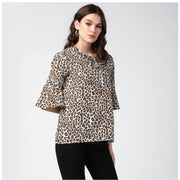 Generic Women's Polyester Animal Print Bell Sleeve Top (Orange - Black)