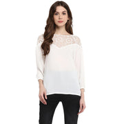 Generic Women's Polyester Georgette Self Design 3-4th Sleeves Regular Top (White)
