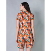 Generic Women's Cotton Blended Printed Round Neck Half Sleeve Top - Shorts Set (Orange)
