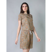 Generic Women's Cotton Blended Printed Round Neck Half Sleeve Top - Shorts Set (Beige)