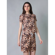 Generic Women's Cotton Blended Printed Round Neck Half Sleeve Top - Shorts Set (Peach)