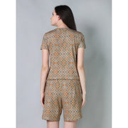 Generic Women's Cotton Blended Printed Round Neck Half Sleeve Top - Shorts Set (Beige)