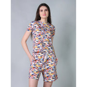 Generic Women's Cotton Blended Printed Round Neck Half Sleeve Top - Shorts Set (Multicolor)
