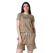 Generic Women's Cotton Blended Printed Round Neck Half Sleeve Top - Shorts Set (Beige)