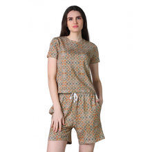 Generic Women's Cotton Blended Printed Round Neck Half Sleeve Top - Shorts Set (Beige)