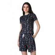 Generic Women's Cotton Blended Printed Round Neck Half Sleeve Top - Shorts Set (Black)