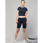 Generic Women's Polyester Solid Above Knee High-Rise Shorts (Navy)