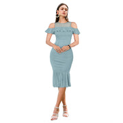 Generic Women's Knitting stretchable Solid Round Neck Sleeveless Dress (Pista )