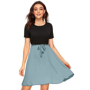 Generic Women's Knitting stretchable Solid Round Neck Cap Sleeve Dress (Pista)