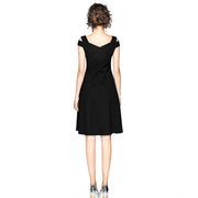 Generic Women's Polyester Solid V Neck Cap Sleeve off Shoulder Dress (Black)