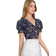 Generic Women's Knitting Printed V-Neck Puff Sleeve Tops (Navy Blue)