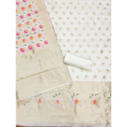 Generic Women's Banarasi Silk Printed Unstitched Salwar Suit Material With Dupatta (White, 3Mtrs)