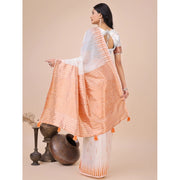 Generic Women's Linen Cotton Printed Saree With Unstitched Blouse 5.5Mtr (White)