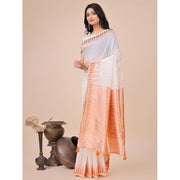 Generic Women's Linen Cotton Printed Saree With Unstitched Blouse 5.5Mtr (White)
