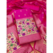 Generic Women's Banarasi Silk Printed Unstitched Salwar Suit Material With Dupatta (Pink, 3Mtrs)