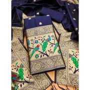 Generic Women's Banarasi Silk Printed Unstitched Salwar Suit Material With Dupatta (Navy Blue, 3Mtrs)