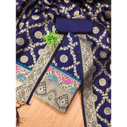 Generic Women's Banarasi Silk Printed Unstitched Salwar Suit Material With Dupatta (Navy Blue, 3Mtrs)