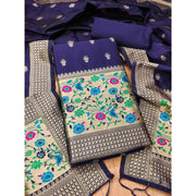 Generic Women's Banarasi Silk Printed Unstitched Salwar Suit Material With Dupatta (Navy Blue, 3Mtrs)