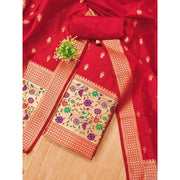 Generic Women's Banarasi Silk Printed Unstitched Salwar Suit Material With Dupatta (Red, 3Mtrs)