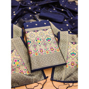 Generic Women's Banarasi Silk Printed Unstitched Salwar Suit Material With Dupatta (Navy Blue, 3Mtrs)