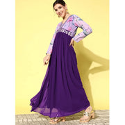 Generic Women's Georgette Embroidery 3-4th Sleeve V-Neck Kurti (Purple)