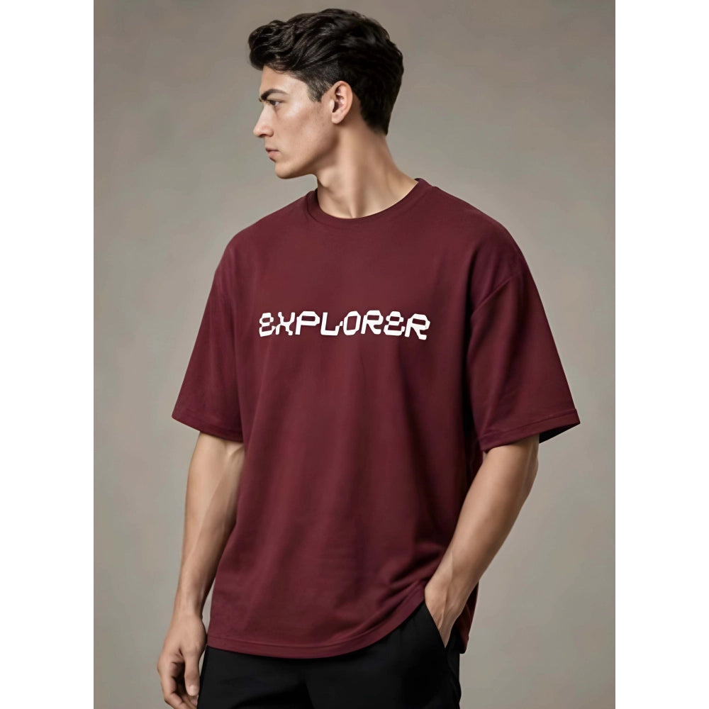 Generic Men's Cotton Blend Printed Oversized Round Neck Half Sleeve T-Shirt (Maroon)