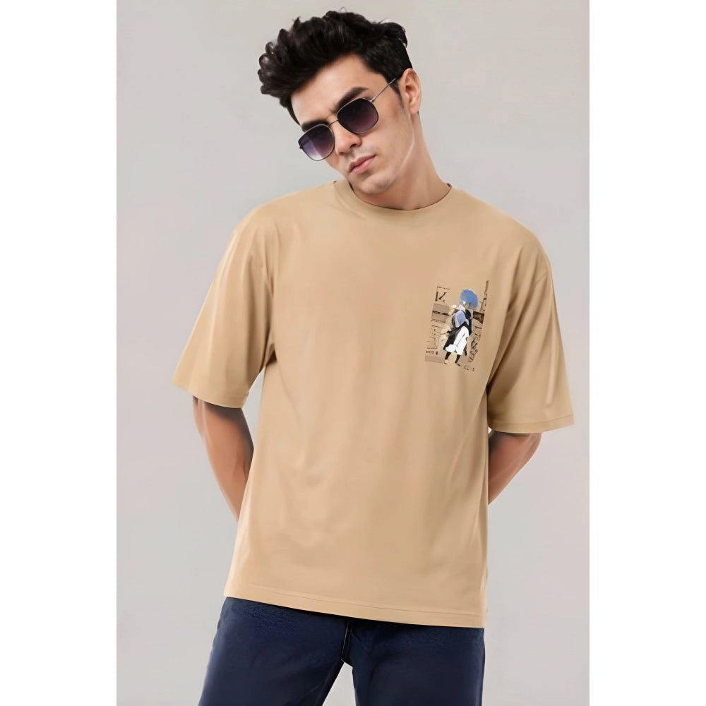 Generic Men's Cotton Blend Printed Oversized Round Neck Half Sleeve T-Shirt (Beige)