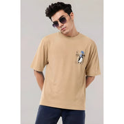 Generic Men's Cotton Blend Printed Oversized Round Neck Half Sleeve T-Shirt (Beige)
