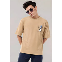 Generic Men's Cotton Blend Printed Oversized Round Neck Half Sleeve T-Shirt (Beige)