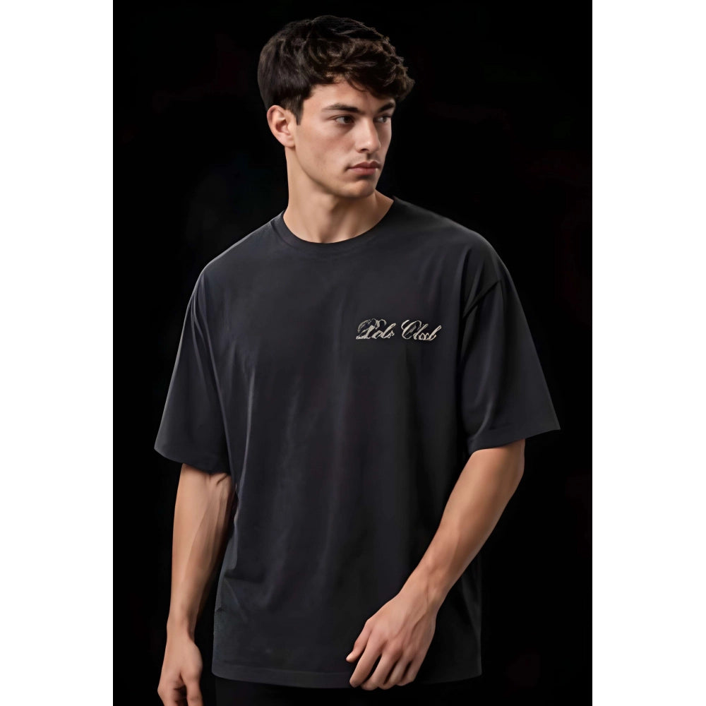 Generic Men's Cotton Blend Printed Oversized Round Neck Half Sleeve T-Shirt (Grey)