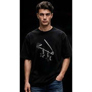 Generic Men's Cotton Blend Printed Oversized Round Neck Half Sleeve T-Shirt (Black)