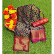 Generic Women's Brasso Printed Saree With Unstitched Blouse 5.5Mtr (Navy blue)