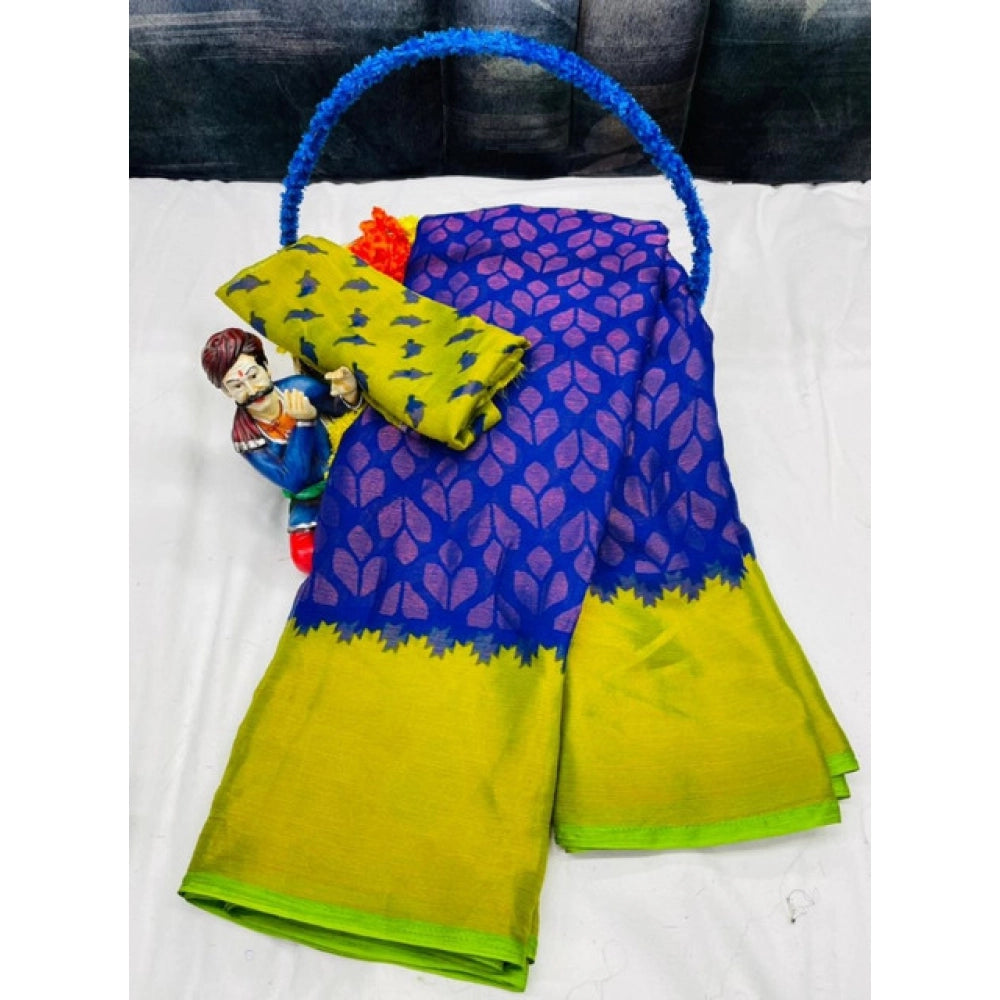 Generic Women's Brasso Printed Saree With Unstitched Blouse 5.5Mtr (Blue)