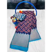Generic Women's Brasso Printed Saree With Unstitched Blouse 5.5Mtr (Navy blue)