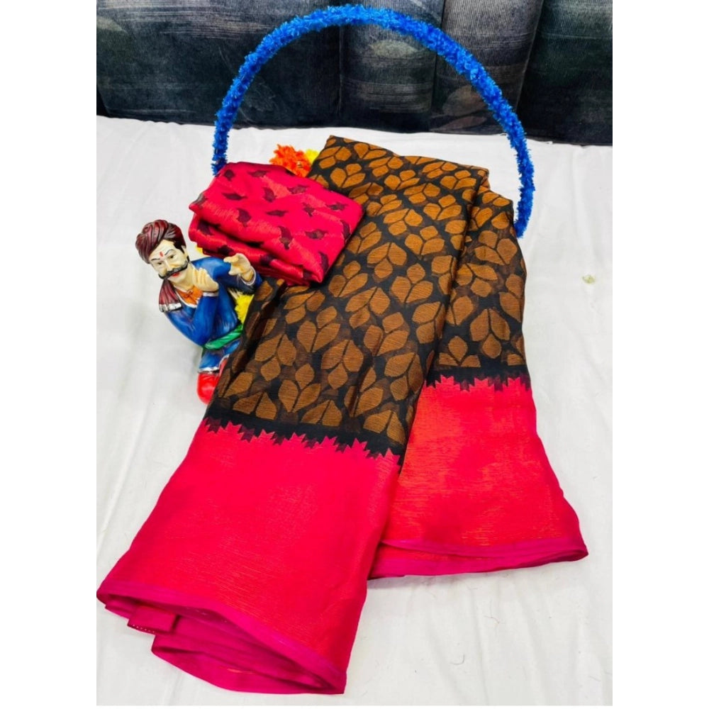 Generic Women's Brasso Printed Saree With Unstitched Blouse 5.5Mtr (Black)